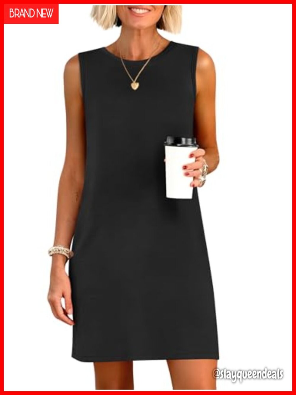 Wrinkle Free Sleeveless Mini Dress Crewneck Side Slit Casual Summer